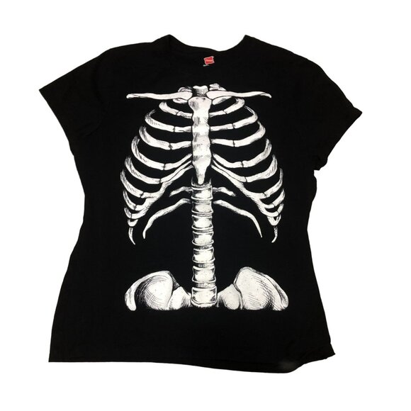 HALLOWEEN GLOW IN THE DARK SKELETON T SHIRT SZ M BLACK SHORT SLV COTTON WOMENS - Picture 1 of 4